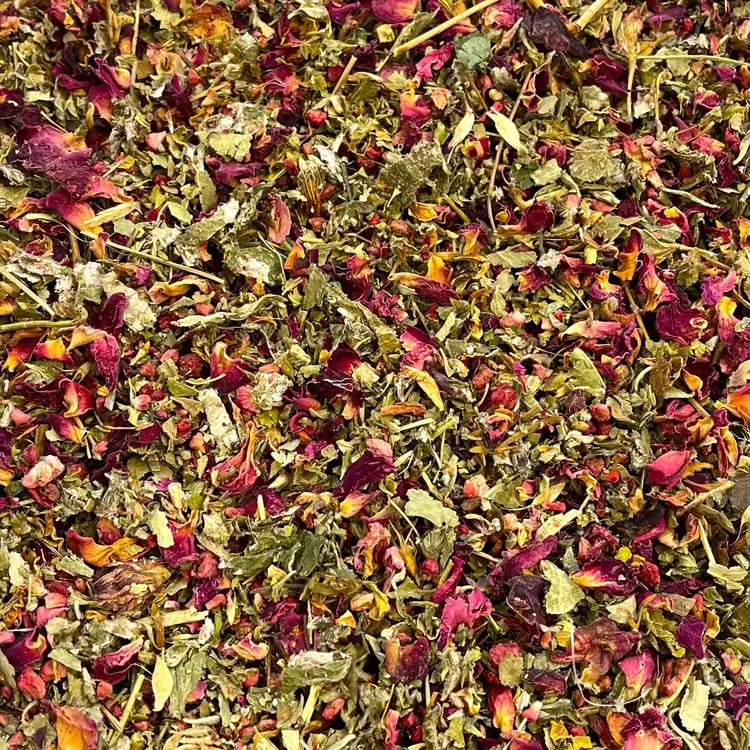 Close up of loose Harmony tisane showing ingredients