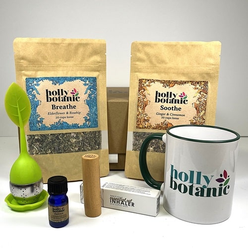 Immune support gift set includes 20 cup breathe tisane, 20 cup soothe tisane, 5ml defence essential oil blend, an inhaler, an infuser and a mug presented in a magnetic-close cardboard, reusable gift box