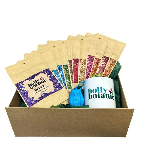 Time for tisanes gift set includes a 3 cup pack of all 11 tisanes, a mug and infuser. Presented in a cardboard, magnetic-close gift box.