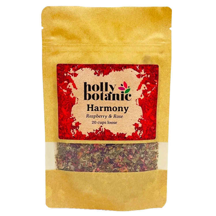 Harmony raspberry and rose tisane, 20 cups loose front view of pouch